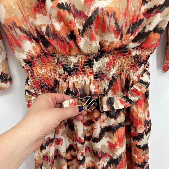ELIZA J Orange Brown Cream Smock Waist 3/4 Sleeve Cold Shoulder Sheath Dress 8 - Picture 6 of 9